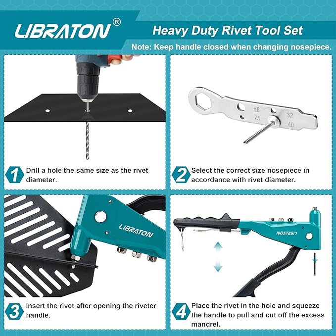 Libraton Heavy Duty Rivet Gun, Pop Rivet Gun Set, Professional Hand Riveter, Manual Riveting Tool with 110Pcs Rivets and 4 Interchangeable Heads, for Metal, Wood and Plastic