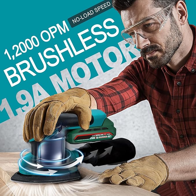 1.9Amp Cordless Detail Sander Compatible with Makita 18v Battery, Dust Collector, Brushless 12,000 OPM Speed, Compact Soft Palm Grip, 10pcs Sanding Pads, 2.0Ah Charger & Battery Kit (Blue)