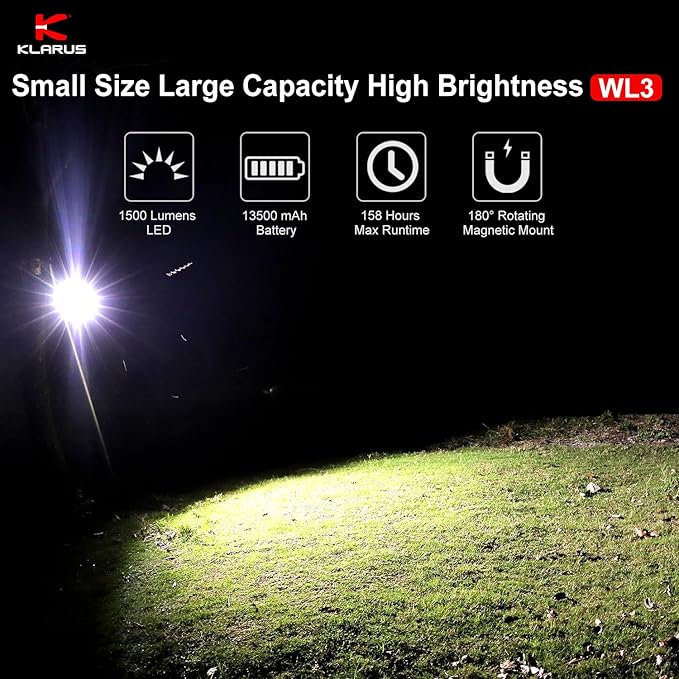 klarus WL3 Camping Light Magnetic Work Light, 1500 High Lumens, 13500mAh High Capacity, 6 Light Modes, Rechargeable Portable LED Lights for Work, DIY, Emergency Power Outage, Car Repair & Camping