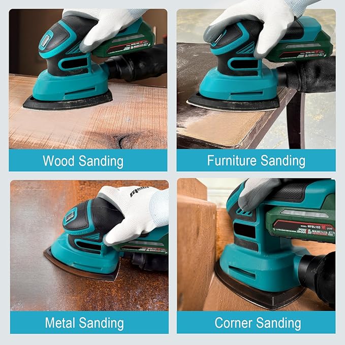 1.9Amp Cordless Detail Sander Compatible with Makita 18v Battery, Dust Collector, Brushless 12,000 OPM Speed, Compact Soft Palm Grip, 10pcs Sanding Pads, 2.0Ah Charger & Battery Kit (Blue)