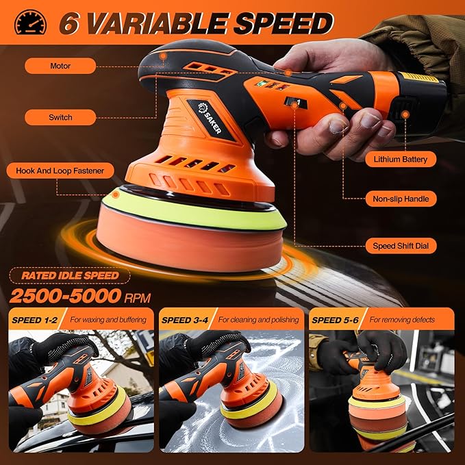 Saker Cordless Buffer Polisher, 6 Inch Fast Charging Portable Car Polishing Kit with 12V 2000mAh Battery, Polisher for Car Detailing Polishing Waxing
