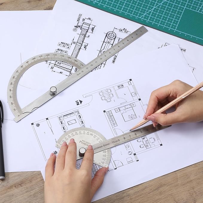 Stainless Steel Angle Protractor, 0-180° Round Head Protractor 0-180 Degrees Angle Finder Craftsman Ruler 10 cm Woodworking Rulers Measure Tool Machinist Tool Ruler Adjustable Woodworking