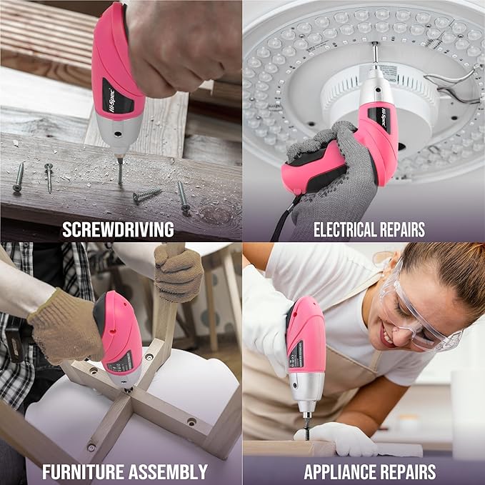 Hi-Spec 19pc 3.6V Pink USB Small Power Screwdriver & Home DIY Tool Kit Set. Cordless & Rechargeable Electric Screwdriver and Compact Hand Tool Box Set