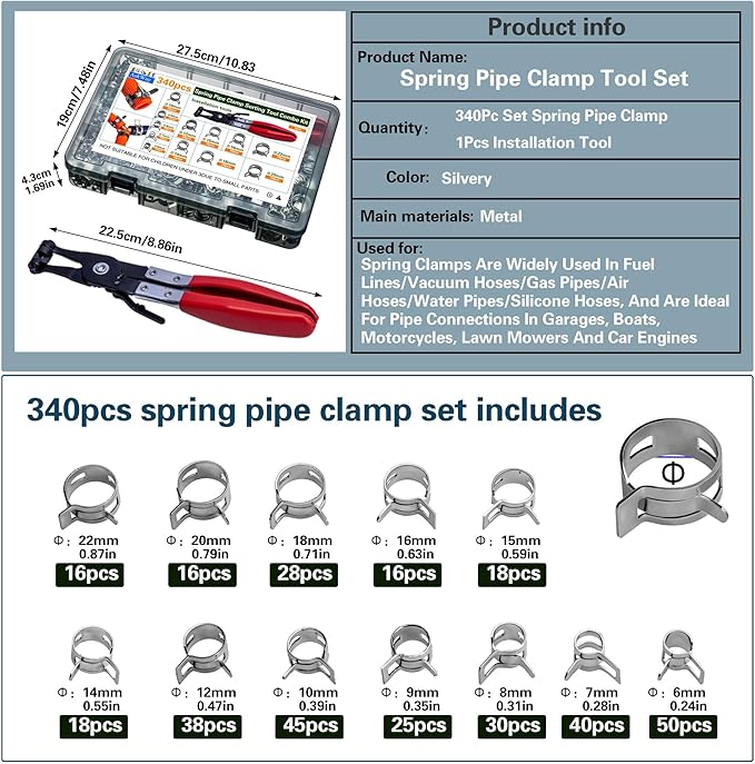 340pcs Spring Pipe Clamps, With Spring Pipe Clamp Tools, 12 Sizes 6-22mm Spring Hose Clamps, Used To Fix Hose Interfaces In Automotive, Marine, Gardening, Industrial Applications