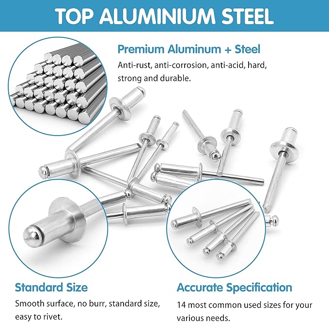 500pcs Pop Rivets Assortment Kit,14 SAE Sizes Aluminum Rivets (3/32" 1/8" 5/32" 3/16" 1/4"), Assorted Blind Rivets with Reinfored Divider & Labeled Case