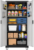 Aobabo 71" H×32" W×16" D Metal Storage Cabinet with Wheels, Garage Steel Storage Cabinet with 5 Adjustable Shelves and 4 Hooks for Home Office,Kitchen, Black Silver,Assembly Required