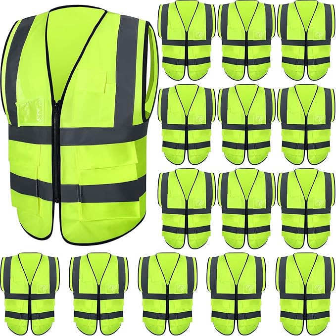 15 Pack Reflective Safety Vests with Pockets and Zipper Construction Work High Visibility Vest for Men Women(Large,Fluorescent Green)