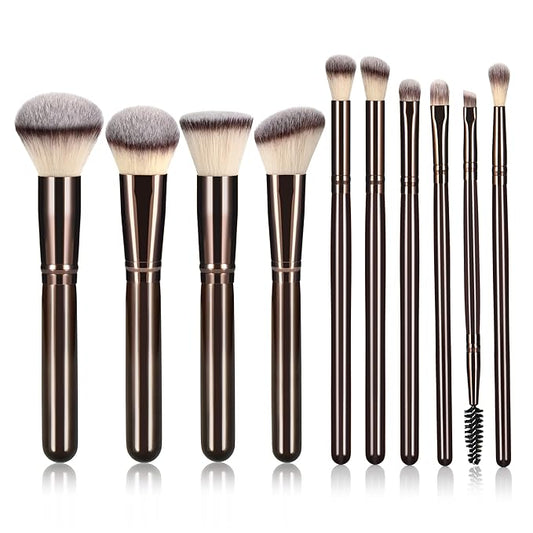 10 Piece Black brown Makeup Brushes - Wooden Handle with Soft Synthetic Bristles,for Face & Eye Makeup|Professional Makeup Brushes set for Women & Girls|-VeraVaultWomen