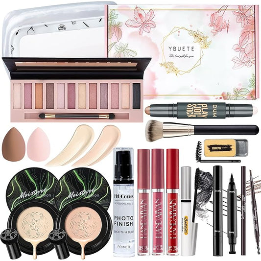 Makeup Kit Set for Women, Makeup Present for Women Teen Girl, Eyeshadow CC Cream Foundation Face Primer, Makeup Brush Sponge, Lipstick, Eyebrow Soap Pencil Mascara Eyeliner Cosmetic bag-VeraVaultWomen