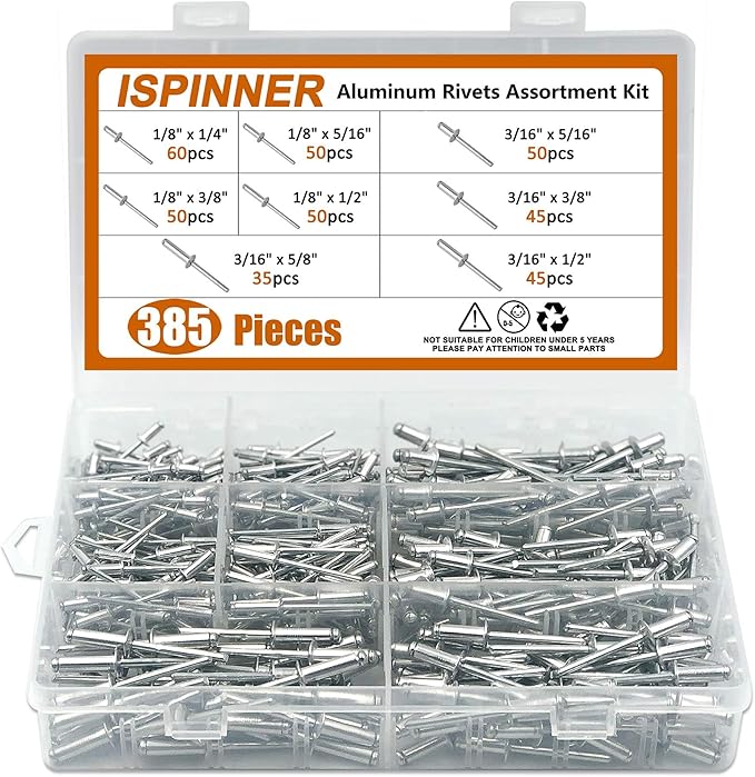 ISPINNER 385pcs 8 Sizes Aluminum Blind Rivets, Pop Rivets Assortment Kit (Silver)