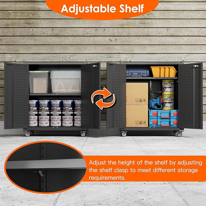 Garage Storage Cabinet with Wheels & Pegboard, 34.3" H Locking Metal Tool Storage Cabinet with Doors and Shelf & 4 Hooks for Garage, Home, Workshops, Assembly Required, Black