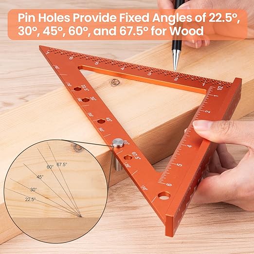 Neitra Square Ruler with Fixed Angle Pin, Accurate Compact Aluminum Alloy Squares with Laser Etched Markings for Carpenter Woodworking Furniture Projects (Orange, 7 Inch)
