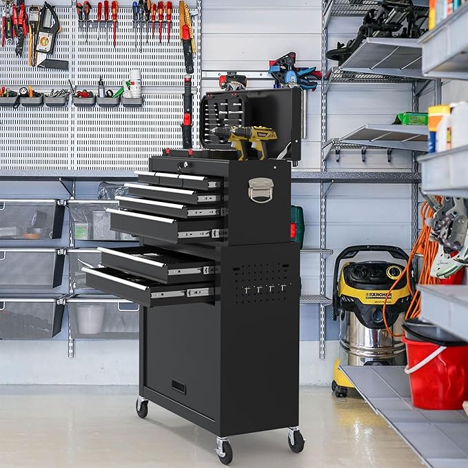 8 Drawer High Capacity Rolling Tool Chest, Metal Tool Box with Wheels and Drawers, Detachable Toolbox with Lock, Heavy Duty Tool Cabinet for Workshop, Warehouse and Garage (Black)