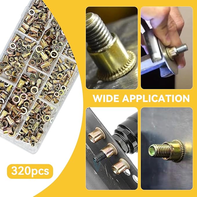 Rivet Nut Tool Kit, 320pcs SAE & Metric Rivet Nut Assortment Kit (M3-M6, #6-32, #8-32, #10-24 and 1/4-20), Carbon Steel Flat Head Threaded Insert for Automotive, Mechanical & Equipment Repairs