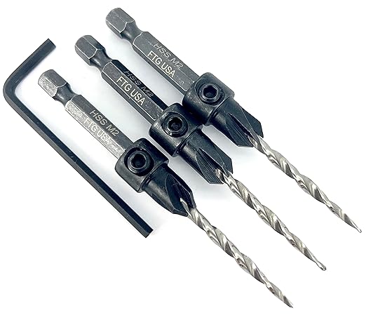 FTG USA Countersink Drill Bit Set 3 Pc #6 (9/64") with Tapered Drill Bits for Woodworking