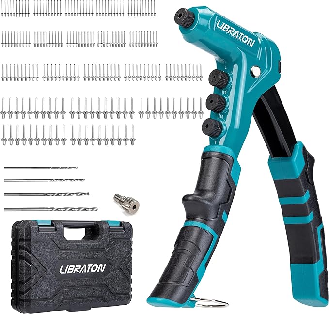 Libraton One-Handed Rivet Gun, Pop Rivet Gun Set, Professional Hand Riveter, Manual Riveting Tool with 200 Rivets for Metal, Includes 4 Drill Bits, 4 Tool-Free Interchangeable Heads, Storage Case