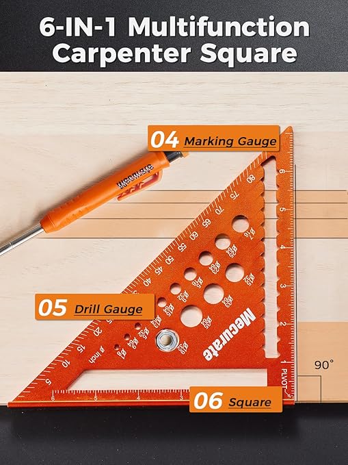 Mecurate 7-Inch Aluminum Alloy Rafter Square with 2-in-1 Carpentry Pencil - Durable Measuring and Marking Tool for Woodworking, Construction, and DIY Projects