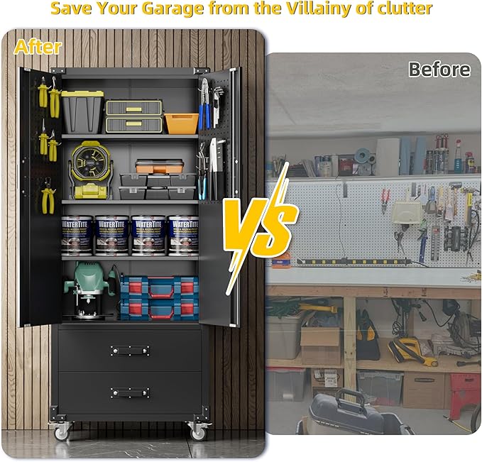 Aobabo 2 Large Drawer Metal Storage Cabinet with Wheels, Lockable Steel Storage Cabinet with 3 Adjustable Shelves and 6 Hooks for Home, Office, Garage, Classroom, Black, Assembly Required