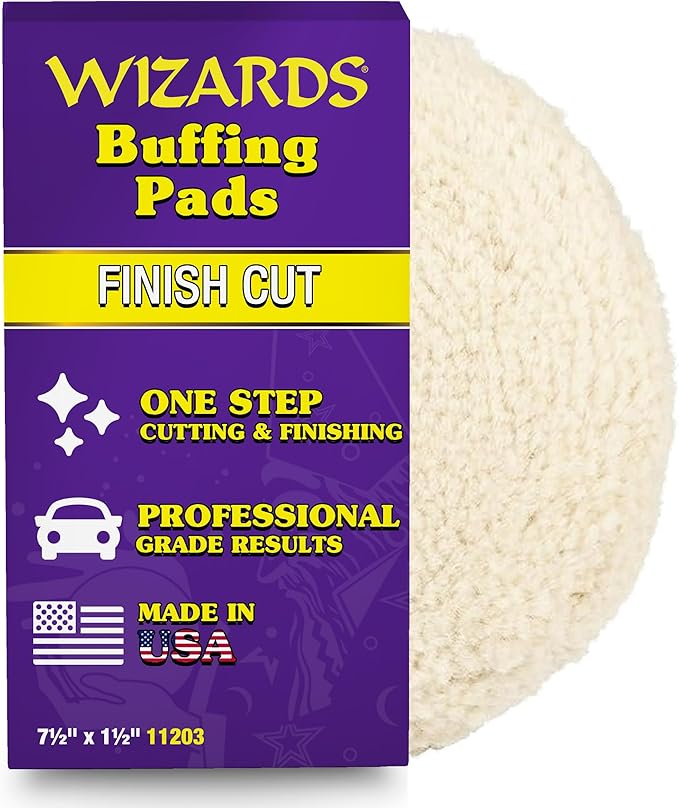Wizards Finish Cut Buffing Pad - Velcro Backed, Blended Wool and Polyester, One-Step Buffer for Car Detailing - Cutting and Finishing Pad in One for Auto Detailing Supplies - 7½" x 1½"