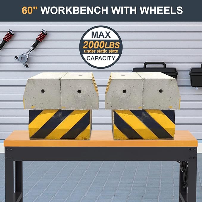 HABUTWAY Height Adjustable Workbench with Wheels 60" 2000 Lbs Capacity Solid Wood Work Station Heavy-Duty Rolling Work Tables for Garage Party Shop Office