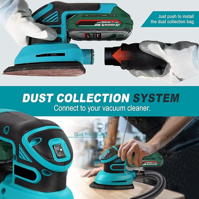 1.9Amp Cordless Detail Sander Compatible with Makita 18v Battery, Dust Collector, Brushless 12,000 OPM Speed, Compact Soft Palm Grip, 10pcs Sanding Pads, 2.0Ah Charger & Battery Kit (Blue)
