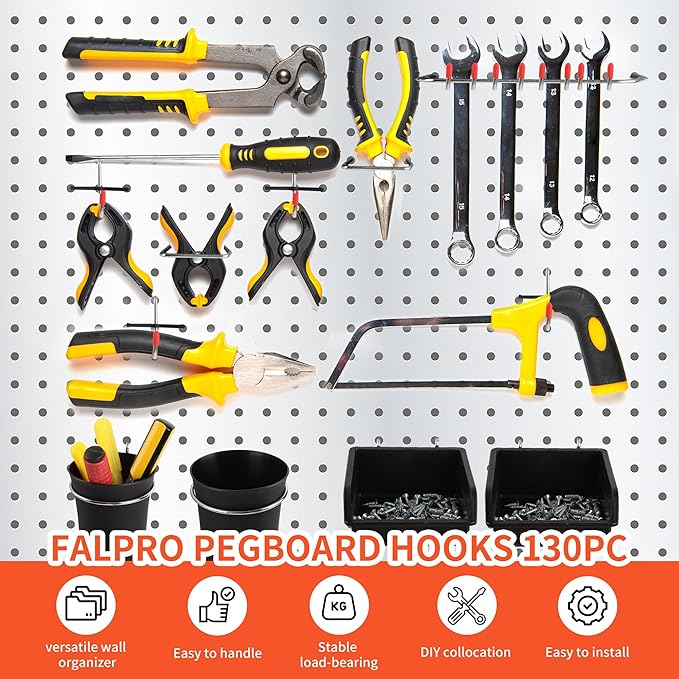130PCS Pegboard Hooks Assortment - Peg board Hooks for Hanging Tools with Pegboard Bins & Cups,1/8-Inch Pegboard Wall Organizer - Ideal for Organizing in the Garage Kitchen Workbench Craft Room