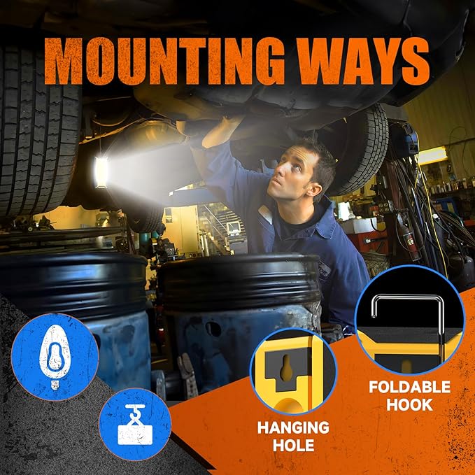 WARSUN 2 PC LED Rechargeable Work Light, Magnetic COB Portable Worklights, 40w 1500 Lumens, Metal Hanging Hook 3 Lighting Modes, Job Site Lighting for Car Repairing, Camping,Hunting Repairing,Yellow