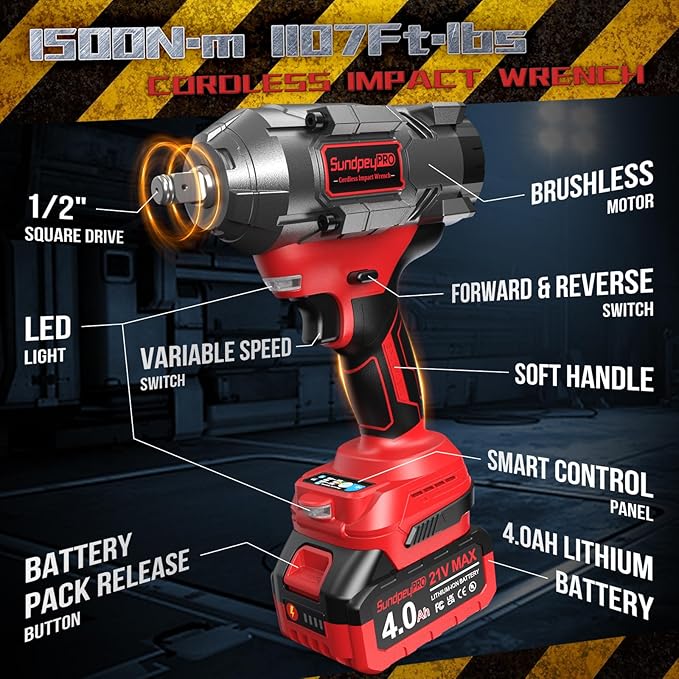 Cordless Impact Wrench 1107Ft-lbs(1500N·m) - 1/2" 21V High Torque Brushless Power Impact Gun with 2x4.0Ah Batteries & 6 Sockets & Fast Charger & Case for Car & Truck & RV & Heavy Duty Use