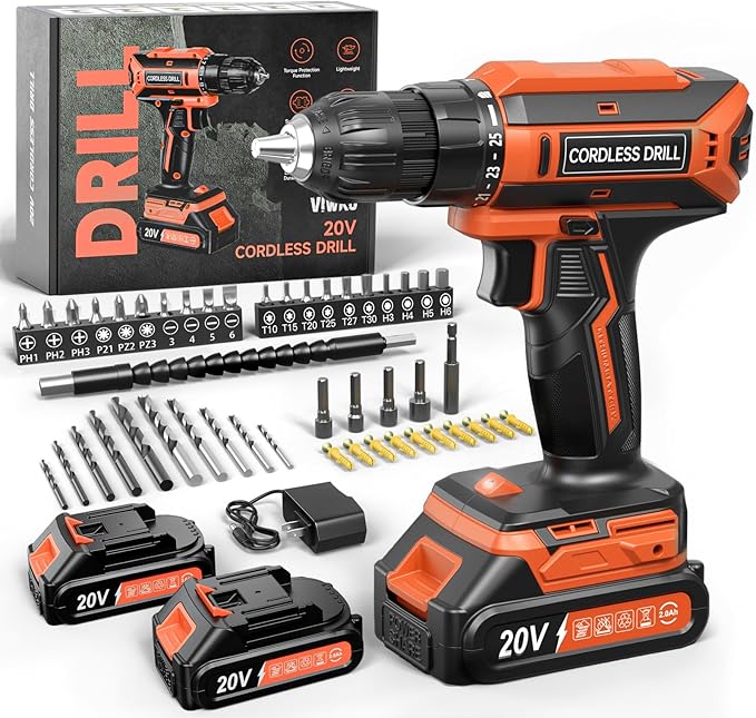 Cordless Drill, 20V MAX Power Drill Set with Dual Power Pack & Charger, 3/8 Inch Keyless Chuck, Variable Speed, 25+1 Position and 56PCS Bits/Screws, Power Tools for Home Projects