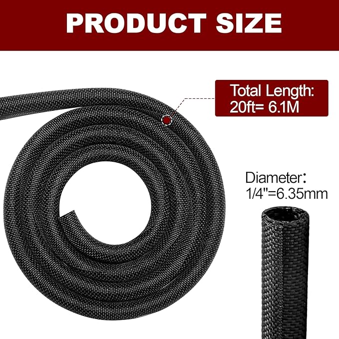 Automotive Wire Loom High Temperature Braided Wire Loom, Split-Sleeve Heat Resistant Wiring Loom Cord Cover for Harness Wires, Self-Wrapping Heavy Duty Sheathing Cable Management Black（20ft-1/4inch ）