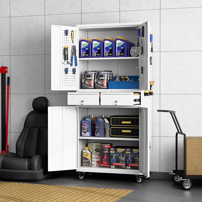 Garage Storage Cabinet with Wheels, Metal Storage Cabinet with 2 Drawers and 2 Adjustable Shelves, Metal Lockers with Pegboards for Homes, Offices, Kitchens, Schools and Pantries, White