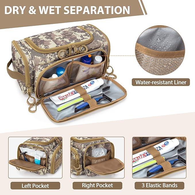 Tactical Toiletry Bag for Men, Hanging Hygiene Bag, Travel Dopp Kit Organizer for Shaving, Shower Essentials and Toiletries, Desert Yellow (Empty Bag)