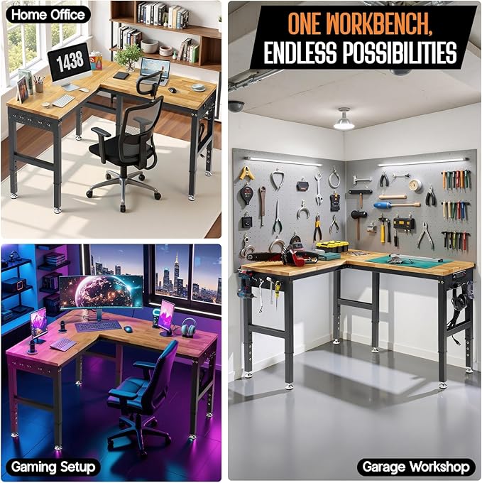 SPECRAFT 56"x48" L-Shaped Workbench with Power Strip, Adjustable Height Heavy Duty Work Table with Pegboard, 6000LBS Load Capacity, Industrial Wood Top Workstation for Garage, Workshop, Home Office