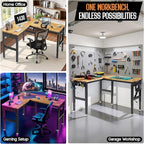 SPECRAFT 56"x48" L-Shaped Workbench with Power Strip, Adjustable Height Heavy Duty Work Table with Pegboard, 6000LBS Load Capacity, Industrial Wood Top Workstation for Garage, Workshop, Home Office