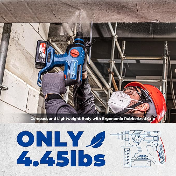 DongCheng 20V Max Cordless Rotary Hammer Drill, 7/8" SDS-Plus, 4 Application Modes, Brushless, 2.1 Joules, Cordless Demolition Hammer for Concrete, Including 4.0Ah Battery and Charger, 4 Drill Bits