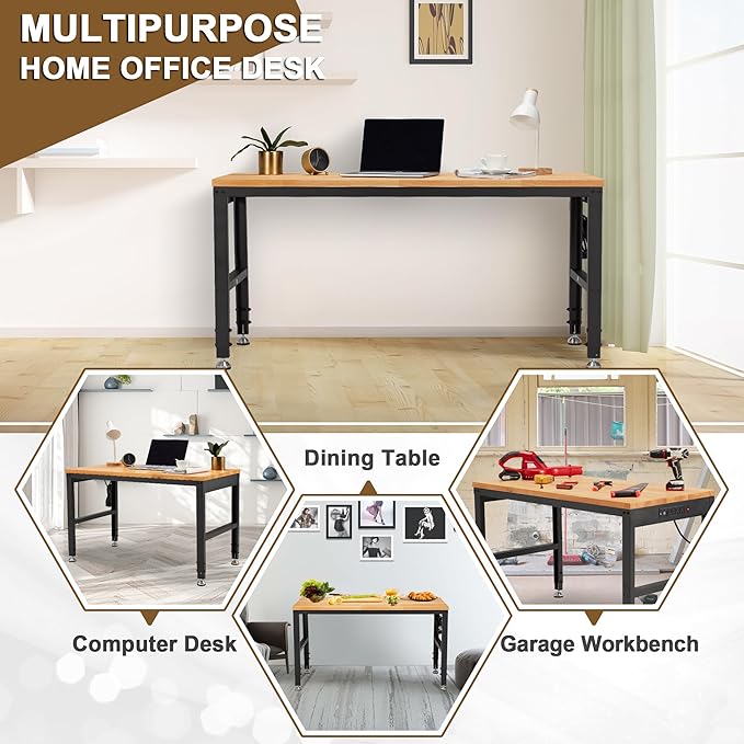 HABUTWAY Height Adjustable Workbench 48"x 24" 2000 Lbs Capacity Solid Wood Work Station Heavy-Duty Work Tables with Power Outlets for Garage Party Shop Office