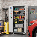 Aobabo 71" H x 32" W x 16" D Metal Storage Cabinet with Wheels, Garage Steel Storage Cabinet with 5 Adjustable Shelves and 4 Hooks for Home Office School, Assembly Required, Grey White