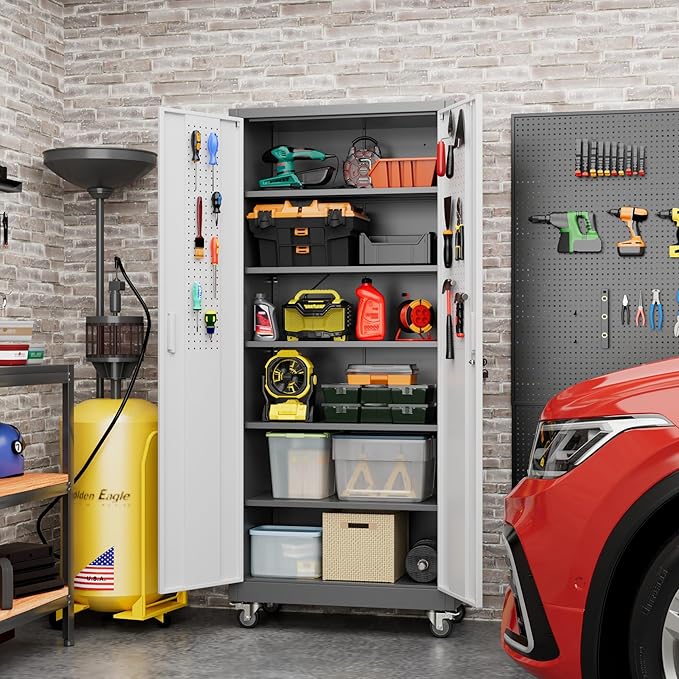 Aobabo 71" H x 32" W x 16" D Metal Storage Cabinet with Wheels, Garage Steel Storage Cabinet with 5 Adjustable Shelves and 4 Hooks for Home Office School, Assembly Required, Grey White