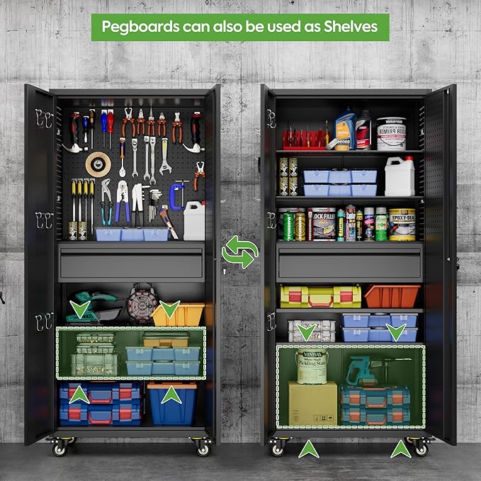 71" Metal Garage Storage Cabinet with 16 Hooks and Pegboards,1 Drawer Inside Rolling Tool Storage Cabinet with Adjustable Shelves,3 Metal Hanging Rod for Garage,Warehouse