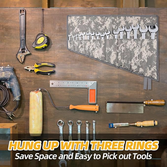 16 Pocket Wrench Roll Organizer, Rolled Tool Pouch Bag with Water Proof Oxford Cloth, Light Camouflage