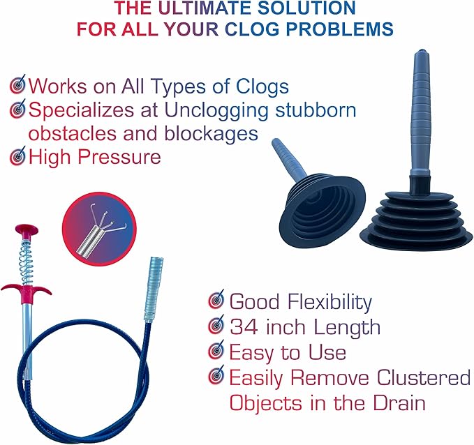 Sink and Toilet Plunger & Hair Clog Remover 34 inch 2 in 1 Kit - Drain Snake and Plunger for Sinks, Kitchens, Toilets, Bathrooms and Showers