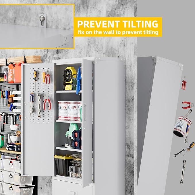 Aobabo 2 Large Drawer Metal Storage Cabinet with Wheels, Lockable Steel Storage Cabinet with 3 Adjustable Shelves with 6 Hooks for Home, Office, Garage, Classroom, White, Assembly Required