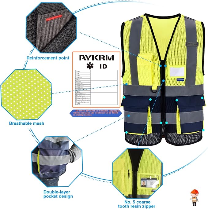 A-SAFETY High Visibility Mesh Safety Reflective Vest with Pockets and Zipper,Hi Vis Viz Reflective Safety Vest(Yellow&Navy Mesh XL)