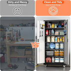 Aobabo Garage Metal Storage Cabinet with Wheels, 71" H×34" W×18" D Locking Steel Storage Cabinet with 5 Shelves and 4 Hooks, for Home Office, School, Assembly Required, Black Silver