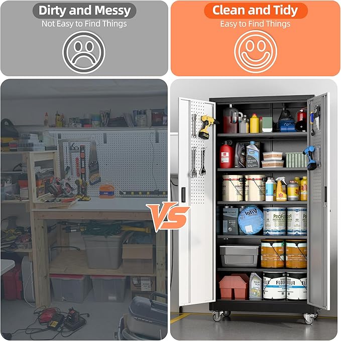 Aobabo Garage Metal Storage Cabinet with Wheels, 71" H×34" W×18" D Locking Steel Storage Cabinet with 5 Shelves and 4 Hooks, for Home Office, School, Assembly Required, Black Silver