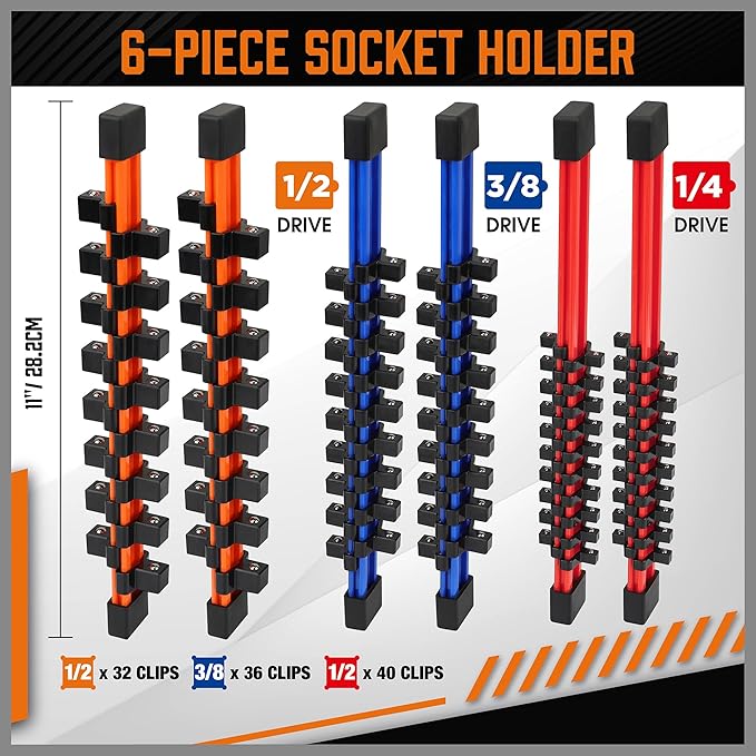 HORUSDY 6Pcs Double Sided Socket Organizer, 1/4-Inch, 3/8-Inch, 1/2-Inch, Premium Quality Socket Holders (6Pcs Double Sided Socket Organizer)