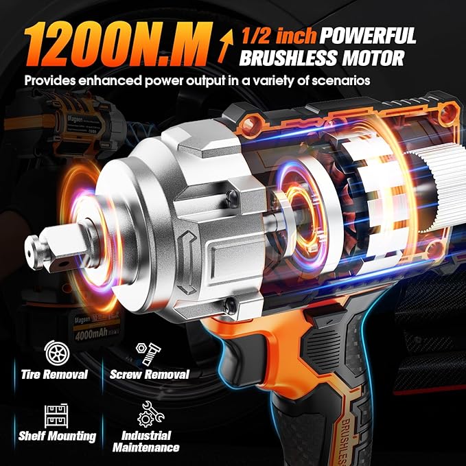 1/2 inch Cordless Impact Wrench, High Torque 900Ft-lbs (1200N.m) Brushless Impact Gun,3800RPM,2x4000mAh Battery, 6 Sockets,LED Light,Electric Impact Motor Variable Speeds for Car/Mower/Pickup