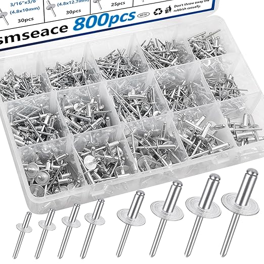 smseace 800pcs Pop Rivets with Large Flange Rivets Assortment Kit 7-Sizes Rivets with Large Head(1/8" 3/16" 1/4") 8-Sizes Small Rivets (3/32" 1/8" 5/32" 3/16") Aluminum Pop Rivets Assortment kit