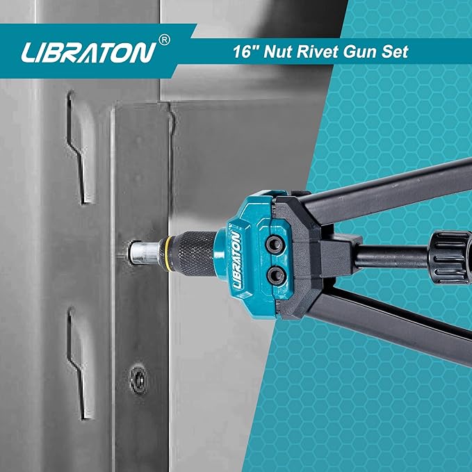 LIBRATON 16" Rivet Nut Tool, Rivet Nut Gun, Hand Rivet Nut Setter with 110PCS Rivet Nuts, 11PCS Metric & SAE Interchangeable Mandrels and Carrying Case, Easy Replace