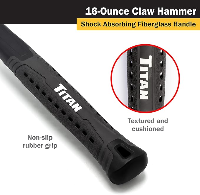 Titan 63020 16oz Claw Hammer, Forged Steel Head, 13" Shock Absorbing Fiberglass Handle with Textured Grip